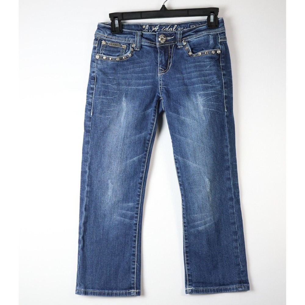 LA Idol USA Y2K Size 1 Women's Denim Capri Jeans Dark Wash W27 L18 Studded